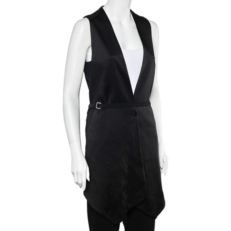 Pre Owned Givenchy Black Two Tone Sateen Belted Asymmetric Hem Vest M