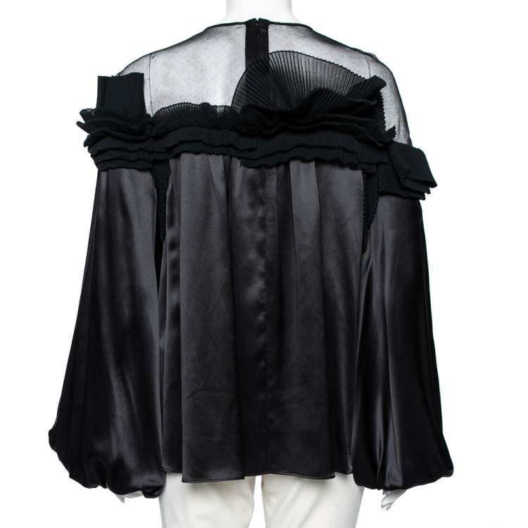 Pre Owned Givenchy Black Silk & Mesh Paneled Plisse Trimmed Blouse M