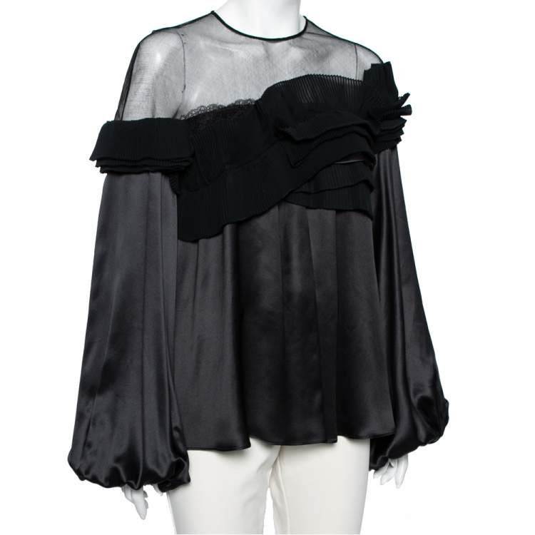 Pre Owned Givenchy Black Silk & Mesh Paneled Plisse Trimmed Blouse M