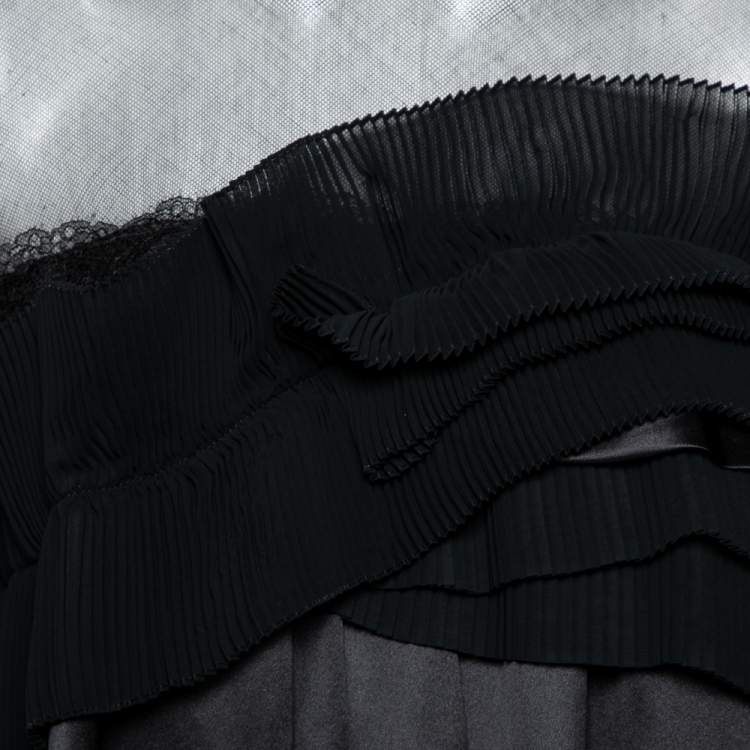 Pre Owned Givenchy Black Silk & Mesh Paneled Plisse Trimmed Blouse M