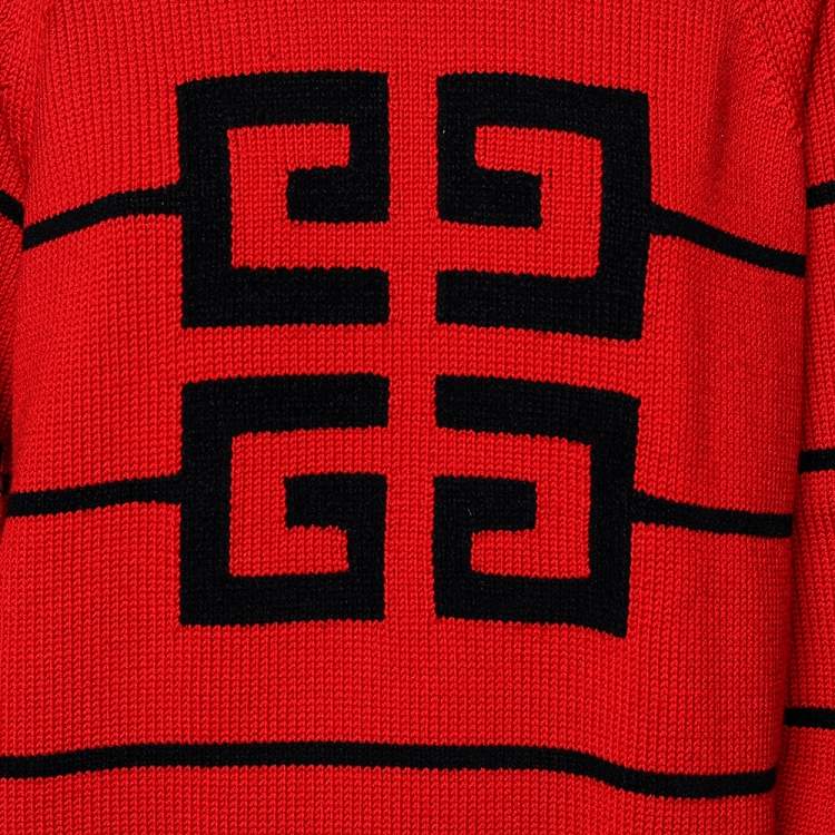 Pre Owned Givenchy Red Logo Intarsia Knit Oversized Sweater S