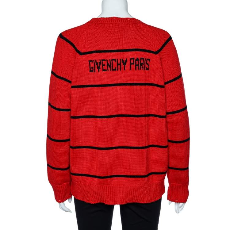 Pre Owned Givenchy Red Logo Intarsia Knit Oversized Sweater S