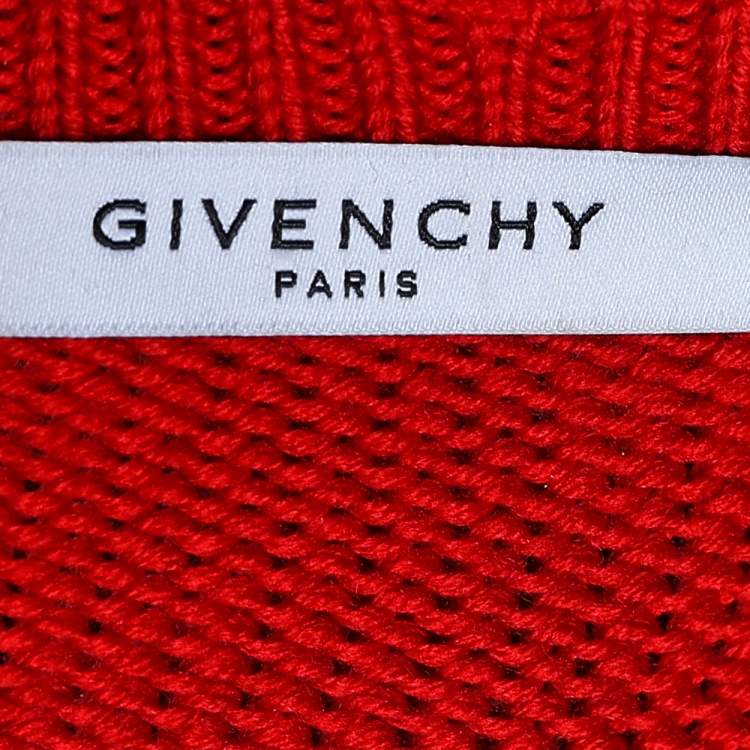 Pre Owned Givenchy Red Logo Intarsia Knit Oversized Sweater S