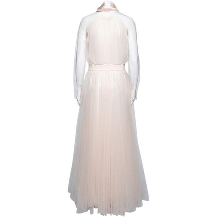 Pre Owned Givenchy Pink Silk and Mesh Ruffle Front Tulle Maxi Dress M