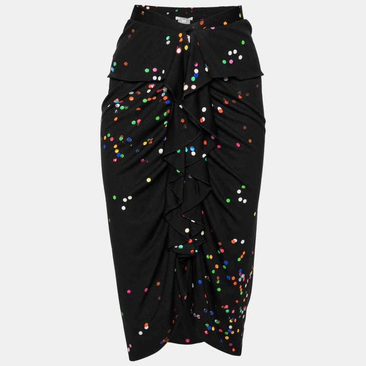 Pre Owned Givenchy Black Confetti Polka Dot Printed Silk Jersey Draped Skirt M