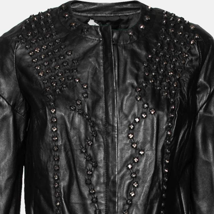 Pre Owned Givenchy Black Crystal Embellished Leather Zip Front Jacket L