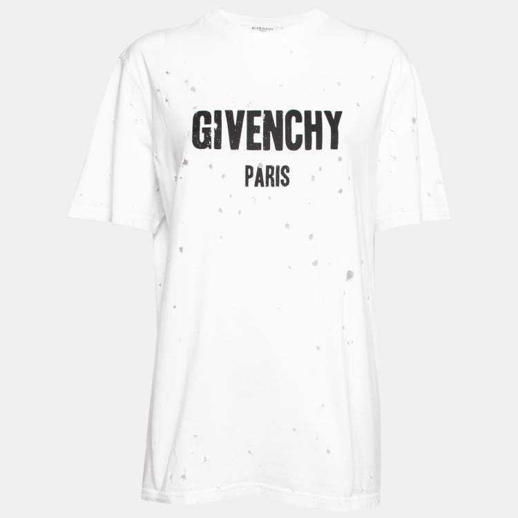 Givenchy White Logo Print Distressed Cotton Short Sleeve T-Shirt XS Givenchy  | TLC