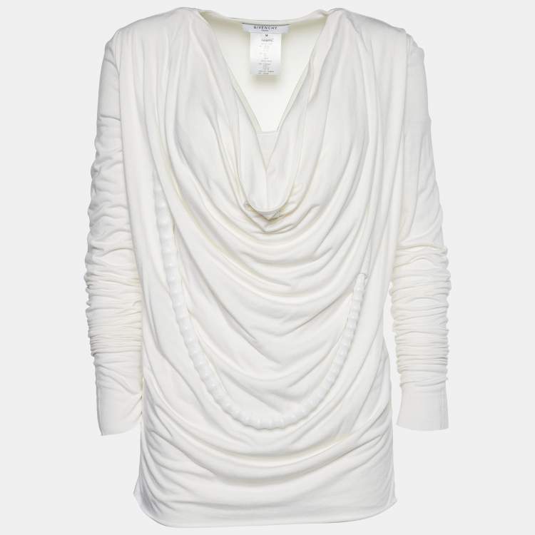 Pre Owned Givenchy Off-White Stretch Knit Beaded Chain Detail Draped Blouse M