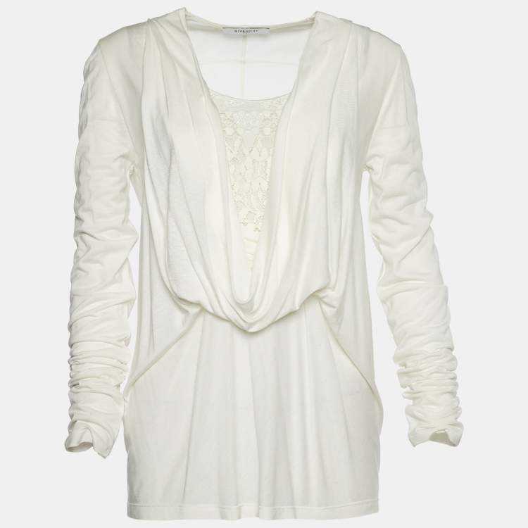 Pre Owned Givenchy Off-White Knit Lace Inlay Cowl Neck Lace Blouse L