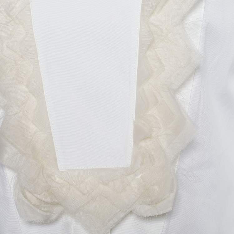Pre Owned Givenchy White Cotton Organza Ruffle Trim Detailed Sleeveless Shirt M