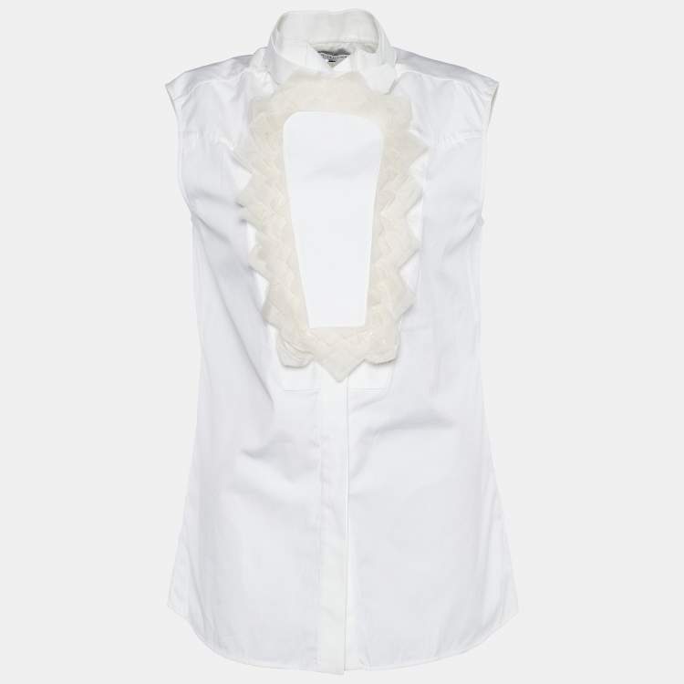 Pre Owned Givenchy White Cotton Organza Ruffle Trim Detailed Sleeveless Shirt M