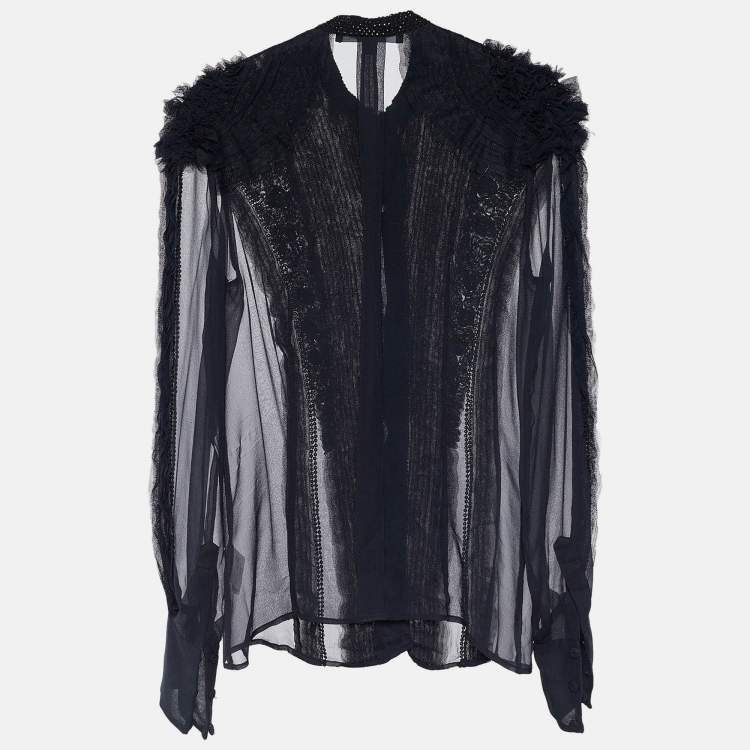 Pre Owned Givenchy Black Silk Mesh Ruffled & Embellished Sheer Blouse M