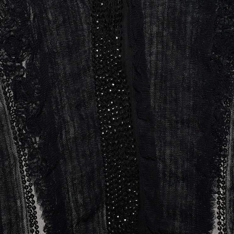 Pre Owned Givenchy Black Silk Mesh Ruffled & Embellished Sheer Blouse M