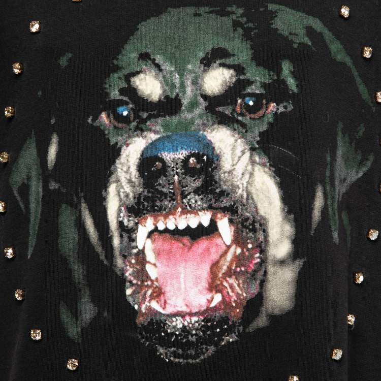 Pre Owned Givenchy Black Cotton Rottweiler Rhinestone Short-Sleeve Sweatshirt M
