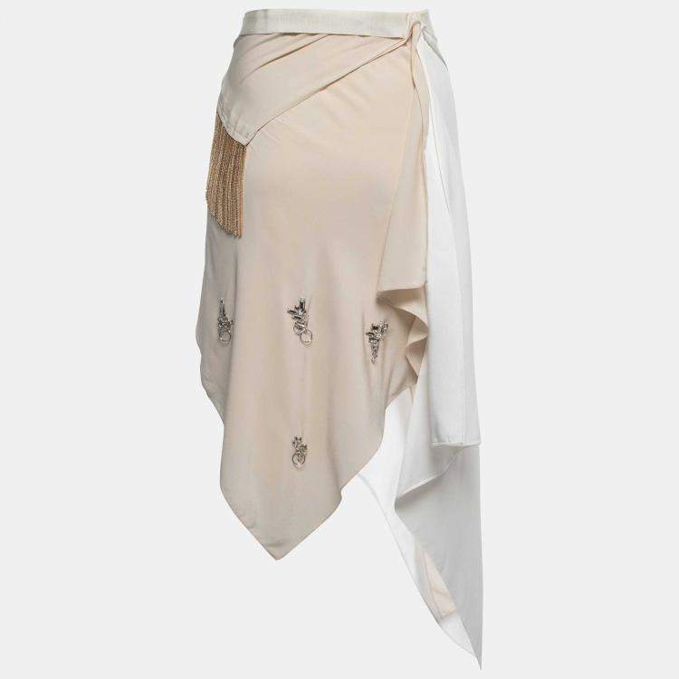Pre Owned Givenchy Cream Crepe & Silk Chain Fringe Asymmetrical Skirt S