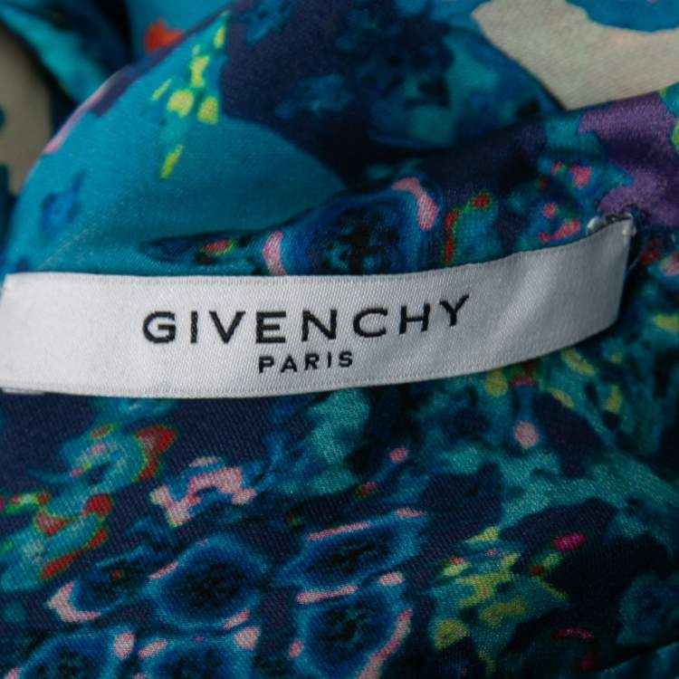 Pre Owned Givenchy Blue Floral Printed Chiffon Silk Tie Neck Maxi Dress S