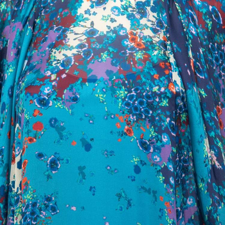 Pre Owned Givenchy Blue Floral Printed Chiffon Silk Tie Neck Maxi Dress S