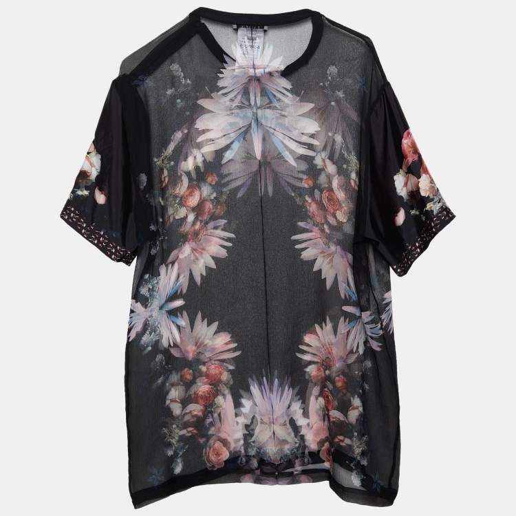 Pre Owned Givenchy Black Floral Printed Silk Chiffon & Satin Sleeve Detail Sheer Top M