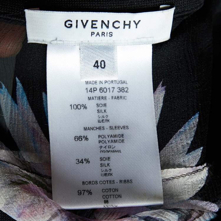 Pre Owned Givenchy Black Floral Printed Silk Chiffon & Satin Sleeve Detail Sheer Top M