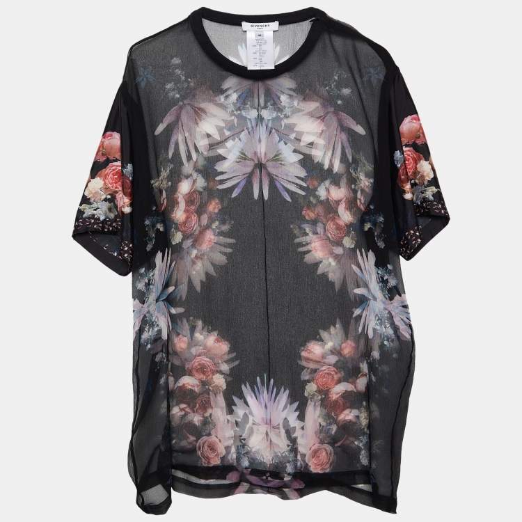 Pre Owned Givenchy Black Floral Printed Silk Chiffon & Satin Sleeve Detail Sheer Top M