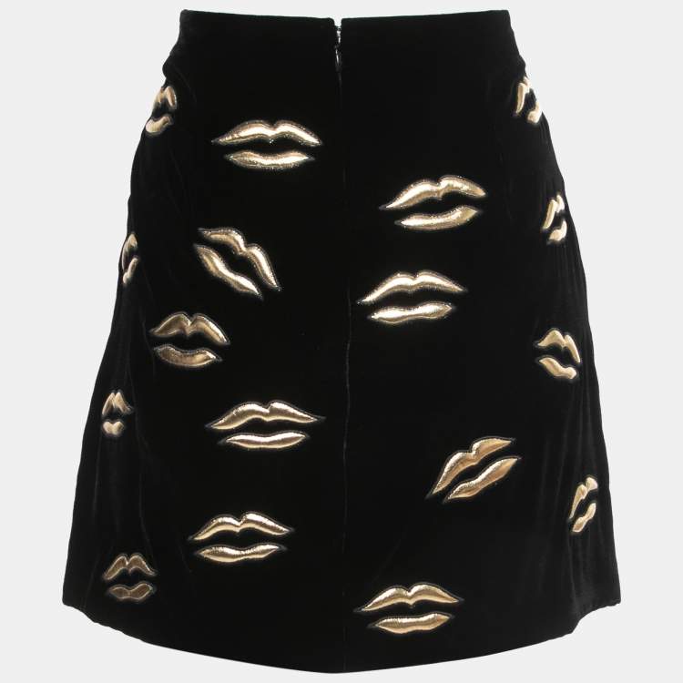 Pre Owned Givenchy Black Velvet Lip Appliqued Mini Skirt L