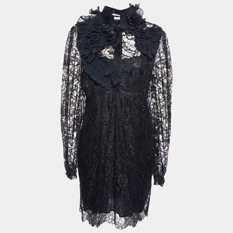 Pre Owned Givenchy Black Lace Ruffle Applique Detail Midi Dress L