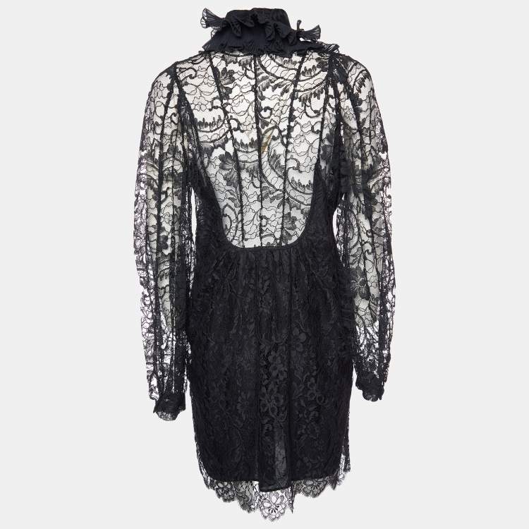 Pre Owned Givenchy Black Lace Ruffle Applique Detail Midi Dress L