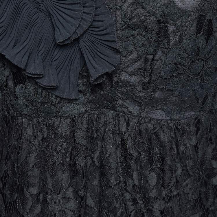 Pre Owned Givenchy Black Lace Ruffle Applique Detail Midi Dress L