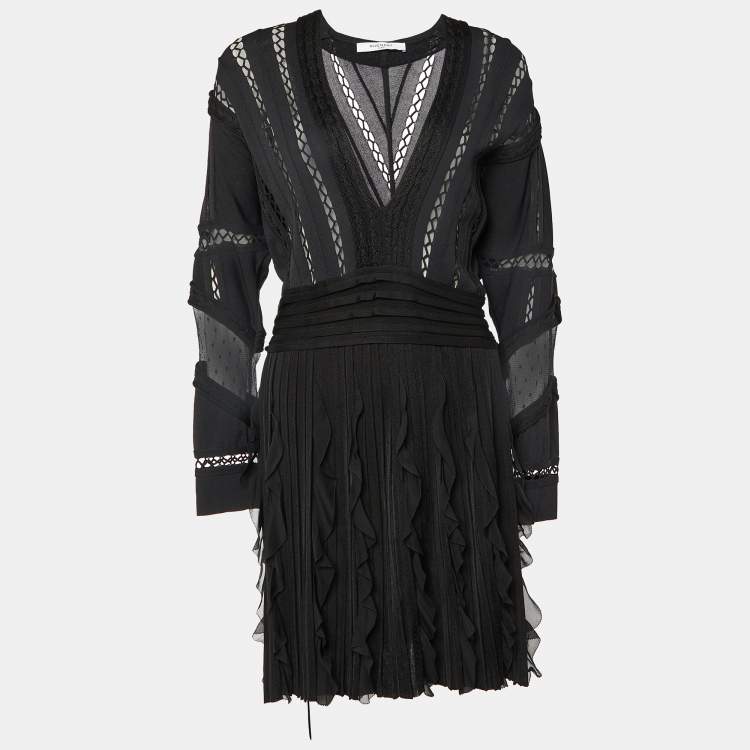 Pre Owned Givenchy Black Patterned Knit Ruffled Mini Dress L