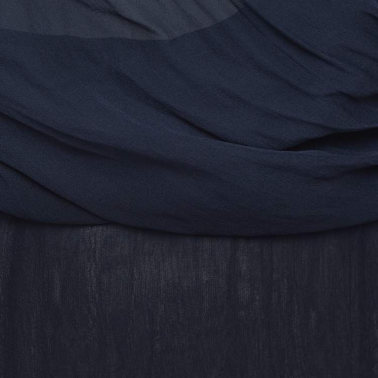 Pre Owned Givenchy Navy Blue Draped Silk Chiffon Long Sleeve Blouse M