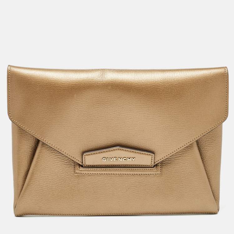 Pre Owned Givenchy Gold Leather Medium Antigona Envelope Clutch