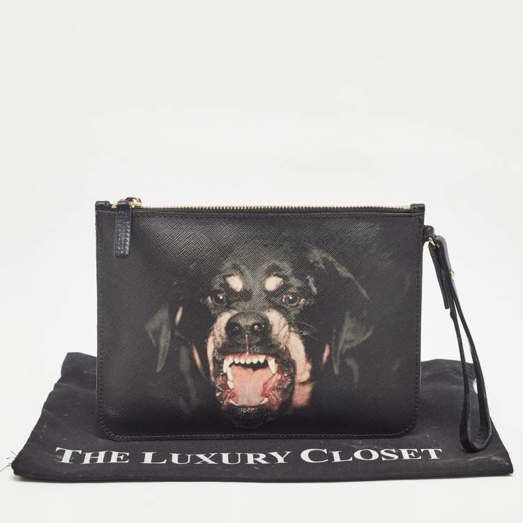 Pre Owned Givenchy Black Coated Canvas Rottweiler Face Wristlet Pouch