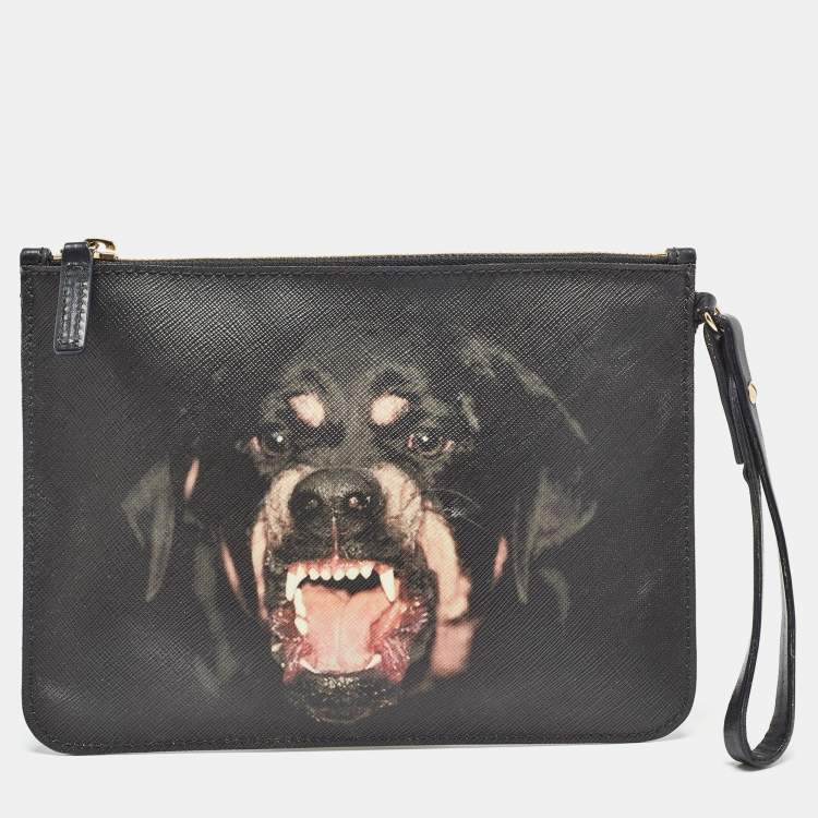 Pre Owned Givenchy Black Coated Canvas Rottweiler Face Wristlet Pouch