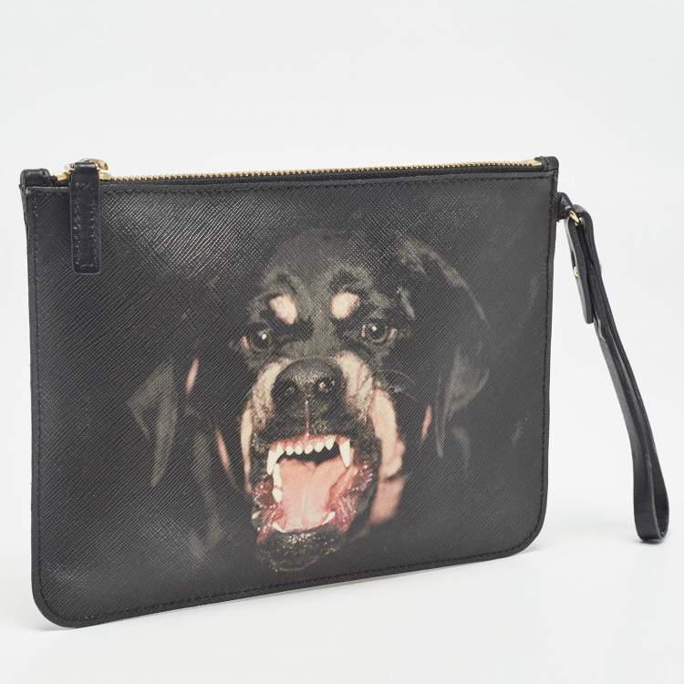 Pre Owned Givenchy Black Coated Canvas Rottweiler Face Wristlet Pouch