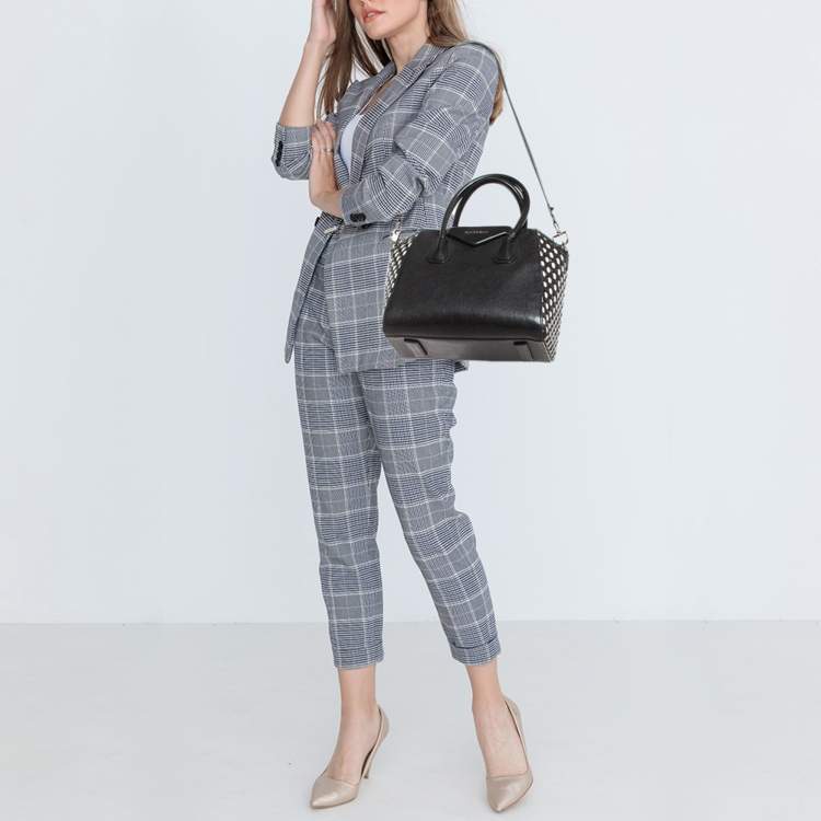 Pre Owned Givenchy Black/White Leather Small Woven Antigona Satchel