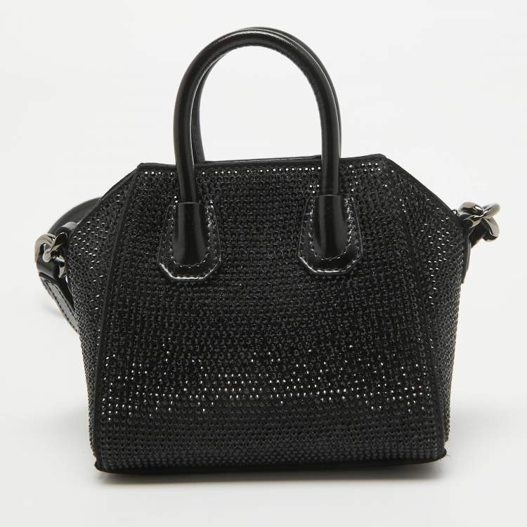 Pre Owned Givenchy Black Satin and Leather Micro Antigona Crystals Crossbody Bag