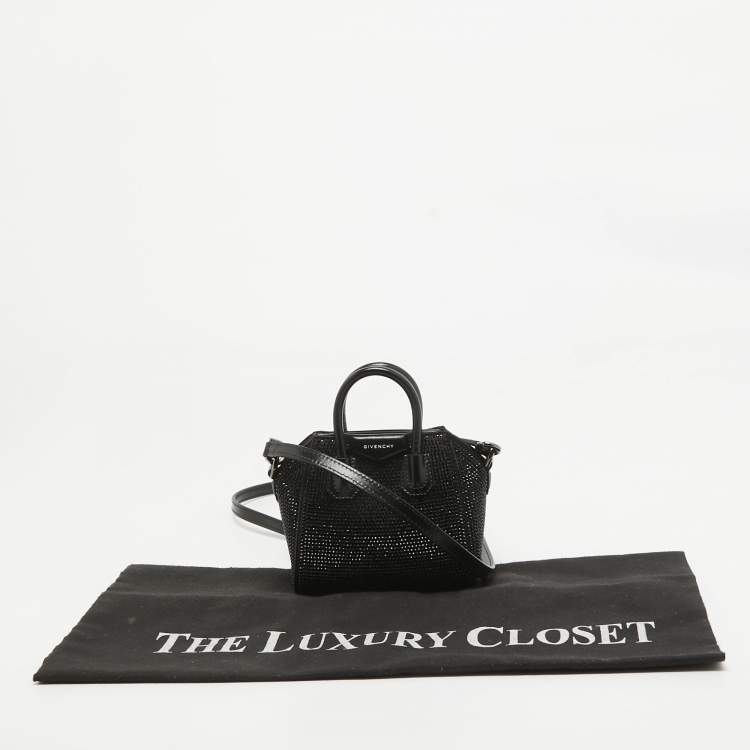 Pre Owned Givenchy Black Satin and Leather Micro Antigona Crystals Crossbody Bag