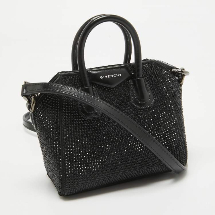 Pre Owned Givenchy Black Satin and Leather Micro Antigona Crystals Crossbody Bag