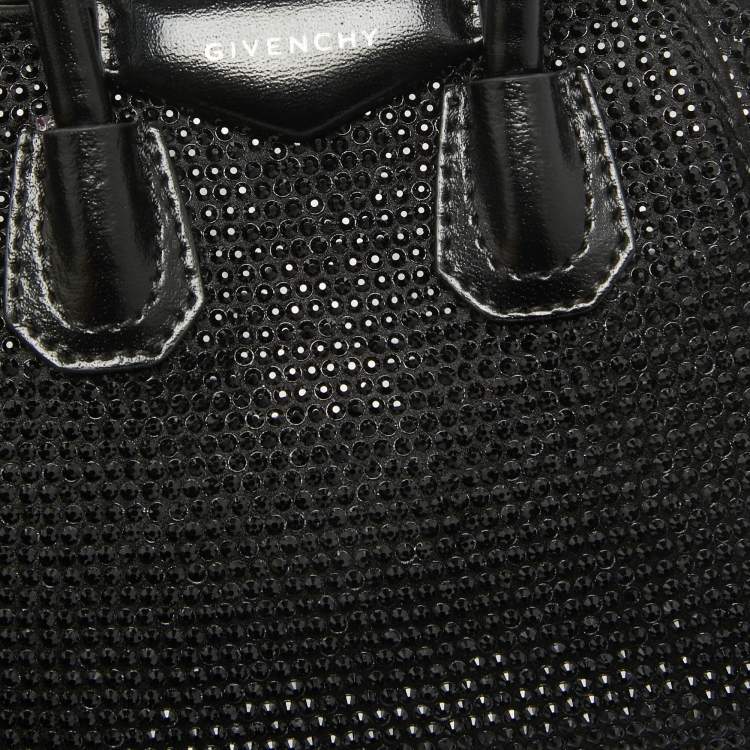 Pre Owned Givenchy Black Satin and Leather Micro Antigona Crystals Crossbody Bag