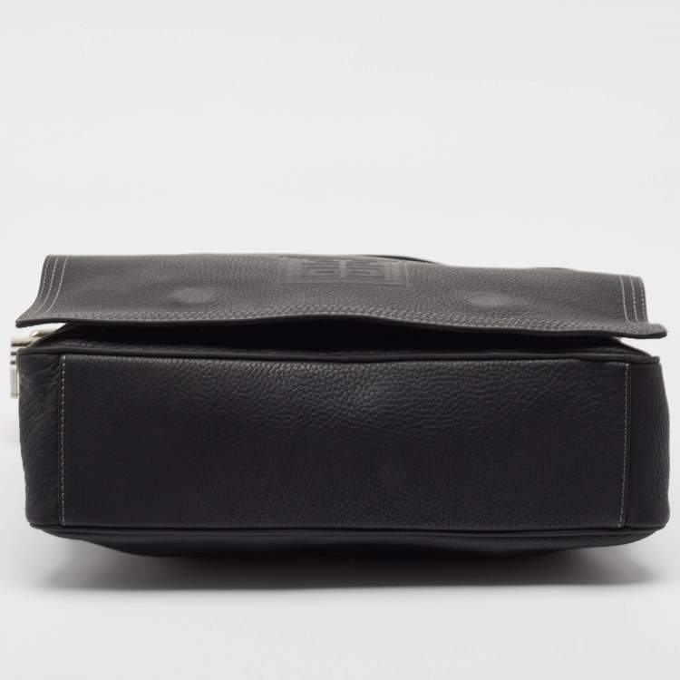Pre Owned Givenchy Black Leather Logo Embossed Flap Messenger Bag