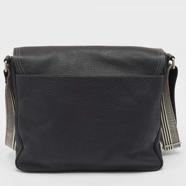 Pre Owned Givenchy Black Leather Logo Embossed Flap Messenger Bag