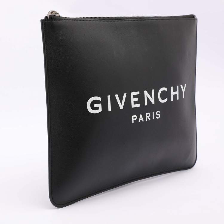 Pre Owned Givenchy Black Leather Logo Top Zip Pouch 