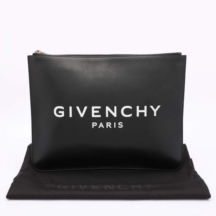 Pre Owned Givenchy Black Leather Logo Top Zip Pouch 