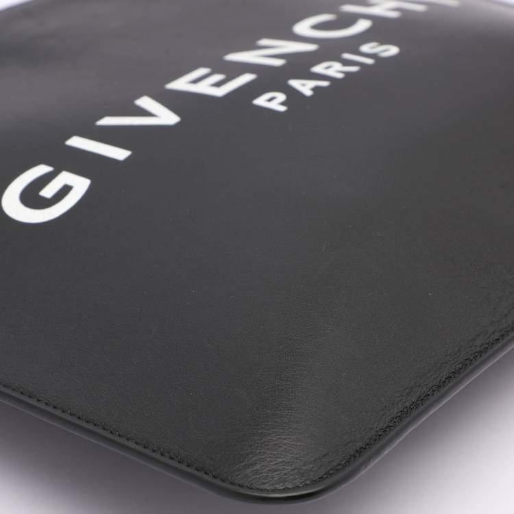Pre Owned Givenchy Black Leather Logo Top Zip Pouch 