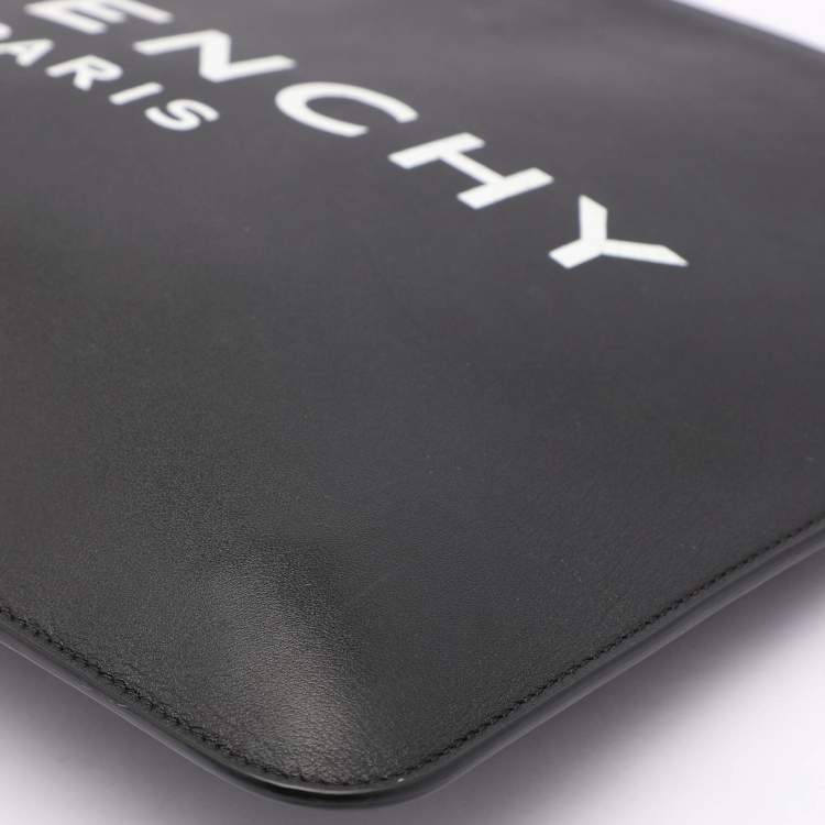 Pre Owned Givenchy Black Leather Logo Top Zip Pouch 