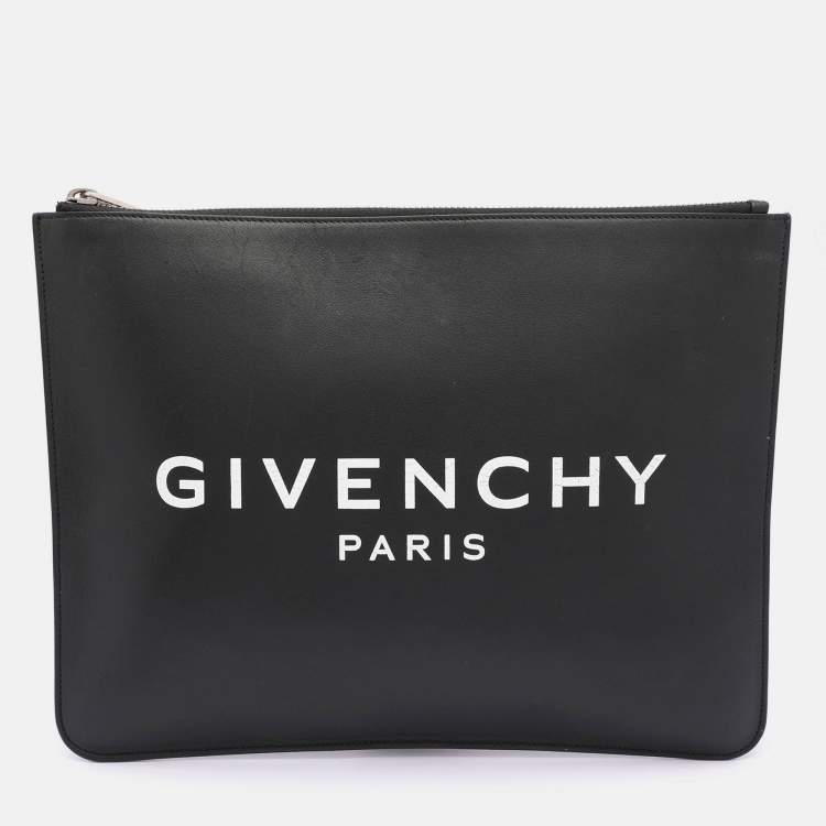 Pre Owned Givenchy Black Leather Logo Top Zip Pouch 