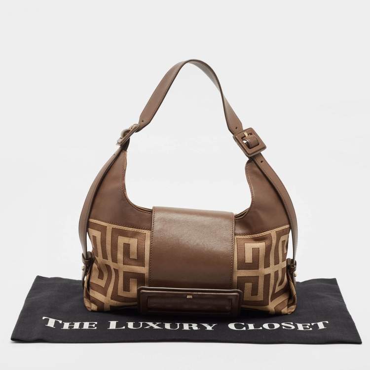 Pre Owned Givenchy Brown/Beige Monogram Canvas and Leather Buckle Flap Hobo