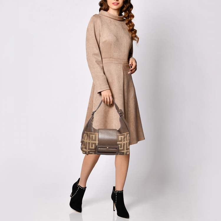 Pre Owned Givenchy Brown/Beige Monogram Canvas and Leather Buckle Flap Hobo