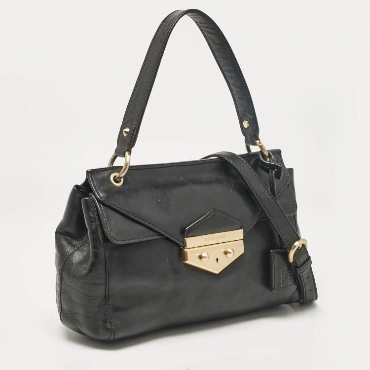Pre Owned Givenchy Black Leather Pushlock Flap Top Handle Bag