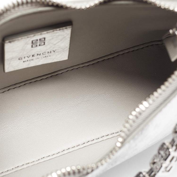 Pre Owned Givenchy Silver Crinkled Patent Leather Mini Moon Cutout Crossbody Bag
